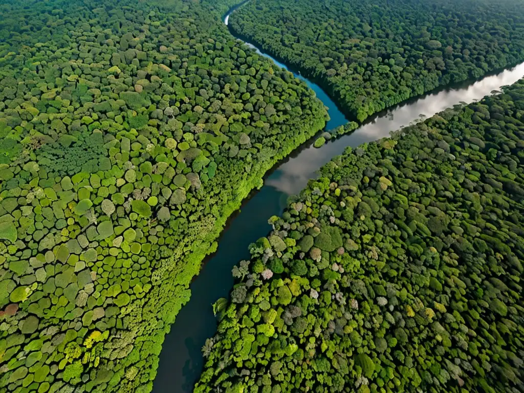 Imagen aérea impresionante de la exuberante selva amazónica, con ríos serpenteantes y una diversidad de tonos verdes