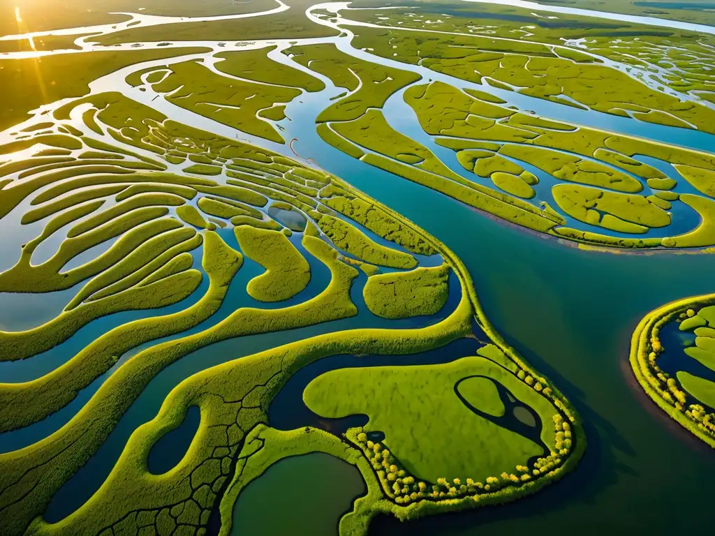 Imagen aérea impresionante de un exuberante humedal Ramsar, con diversa flora y fauna