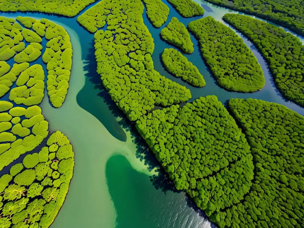 Imagen aérea impresionante de un exuberante bosque de manglares, resaltando su intrincada red de raíces y follaje verde