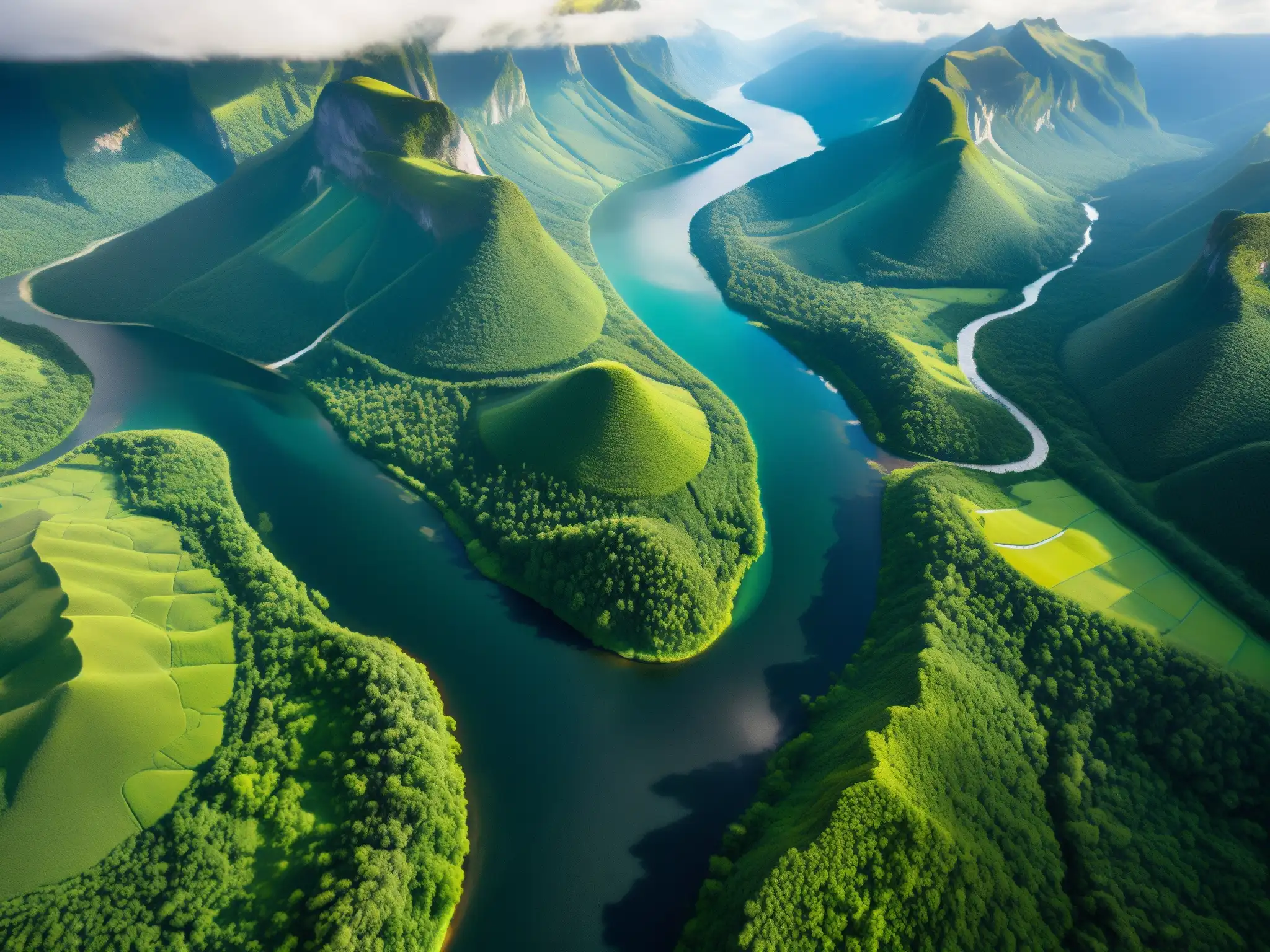 Imagen aérea impresionante de un paisaje natural protegido, con exuberante vegetación, ríos sinuosos y majestuosas cumbres