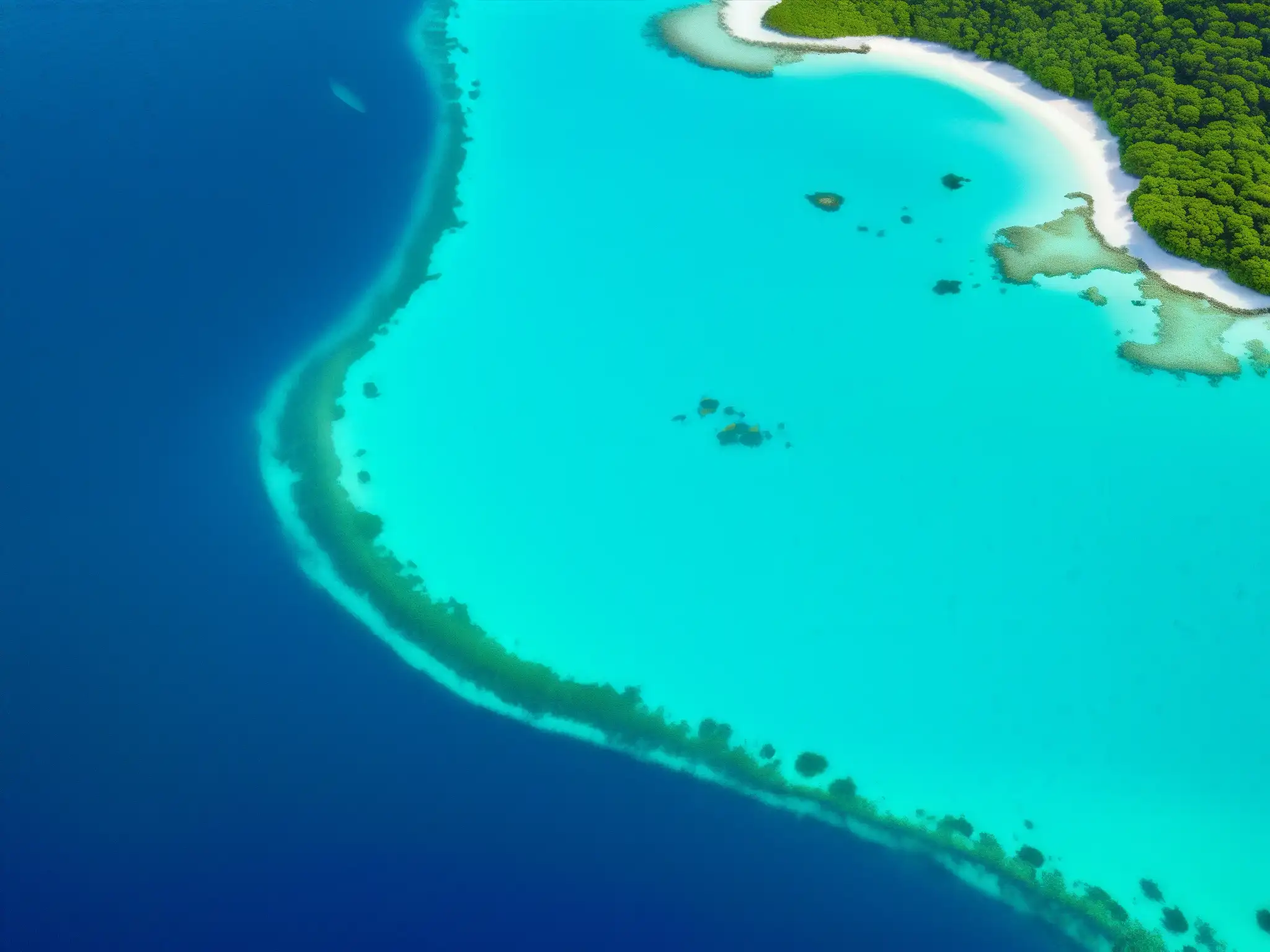 Imagen aérea de la Ley de Áreas Marinas Protegidas, mostrando ecosistemas marinos vibrantes y diversos con arrecifes de coral y vida marina colorida