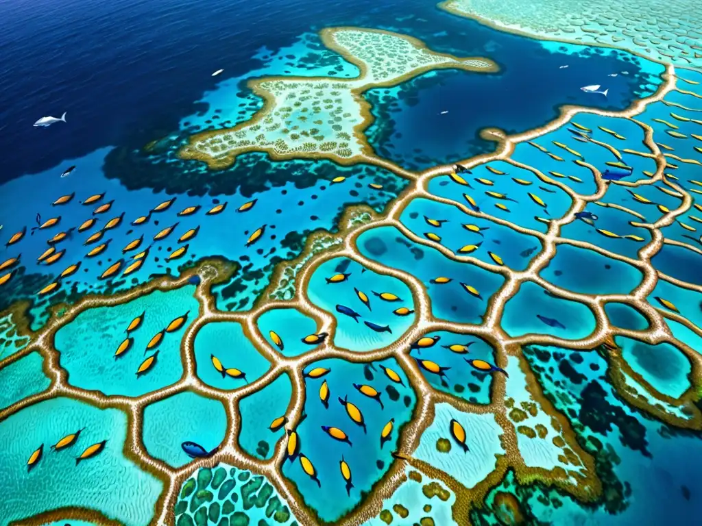 Imagen aérea de un océano cristalino, con vida marina vibrante y coral