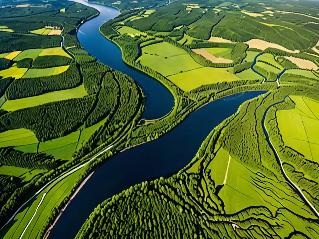 Imagen aérea de paisaje europeo sereno con ríos, bosques verdes y montañas nevadas