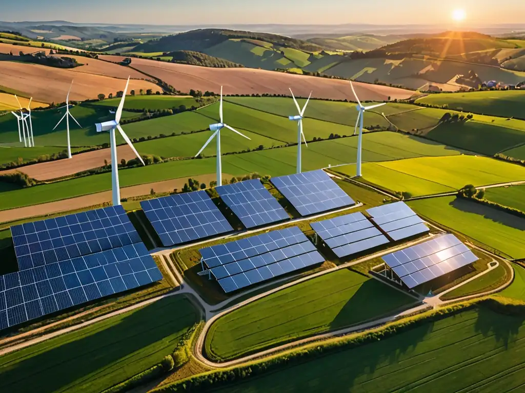 Imagen aérea de paisaje rural con aerogeneradores y paneles solares, reflejando armonía entre innovación humana y belleza natural