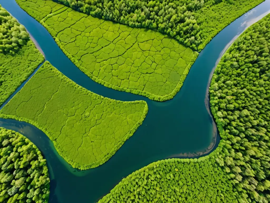 Imagen aérea de un río serpenteando entre un paisaje verde exuberante, demostrando el impacto de la ley de pesca en los ecosistemas de agua dulce