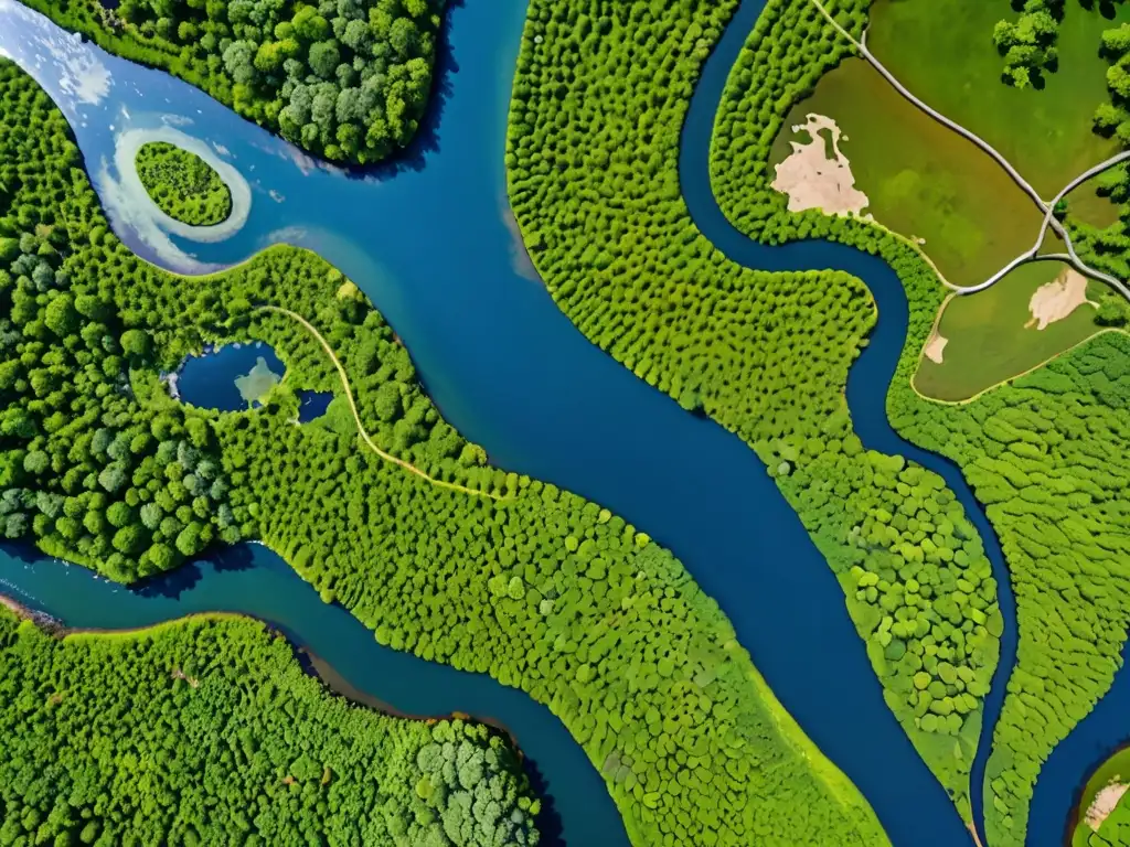 Imagen aérea de un río antes contaminado, ahora rebosante de vida acuática, rodeado de exuberante vegetación y cielos azules despejados