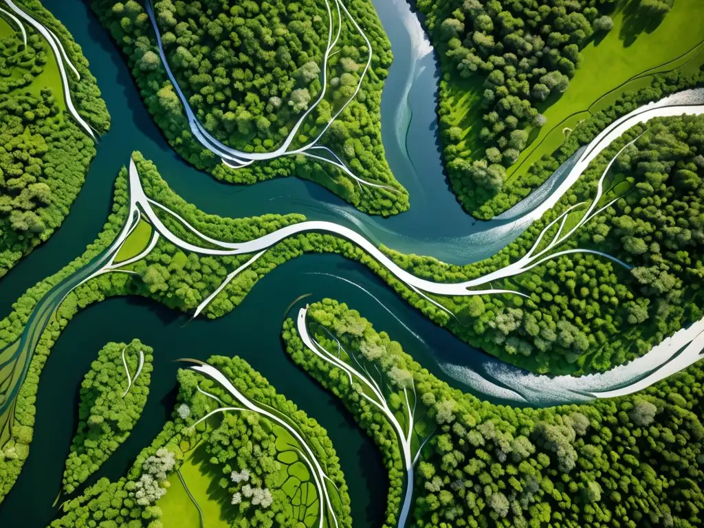 Imagen aérea de un río serpenteante entre exuberantes paisajes verdes, con límites internacionales marcados