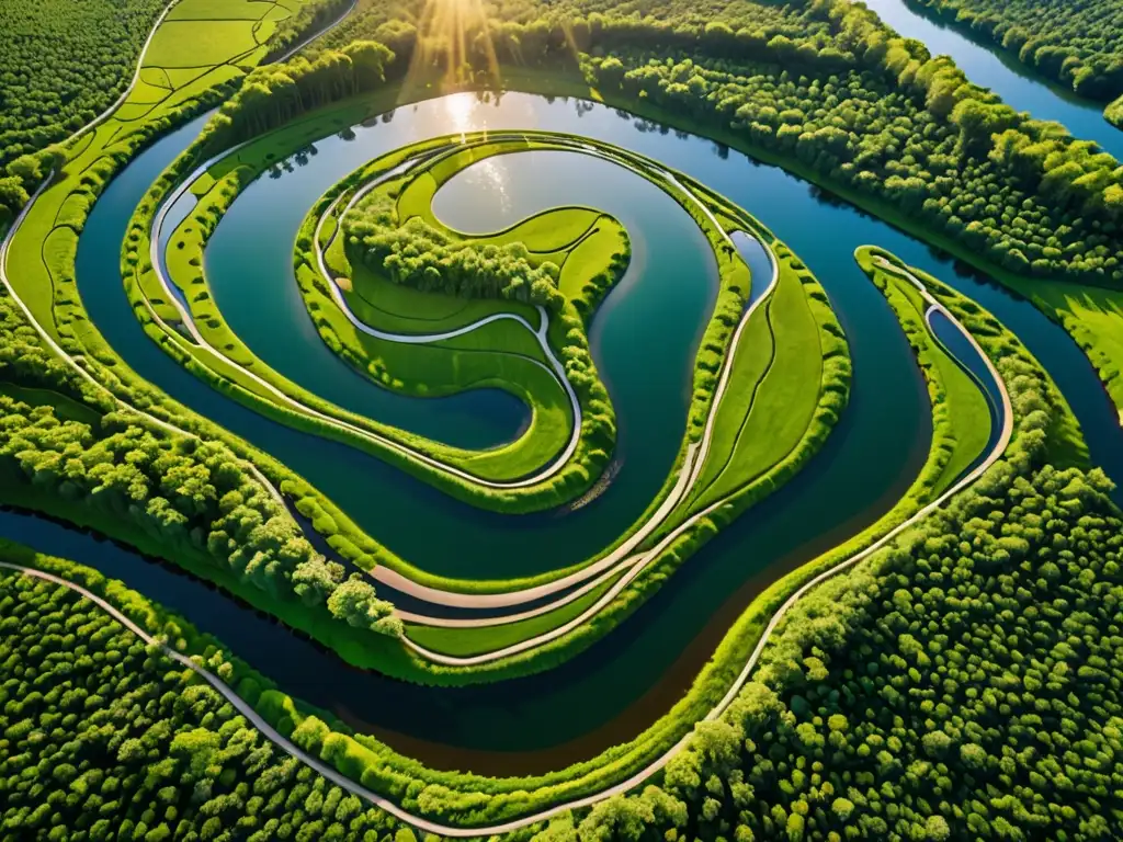 Imagen aérea de un río serpenteante en un paisaje verde y exuberante, bañado por la cálida luz dorada del sol