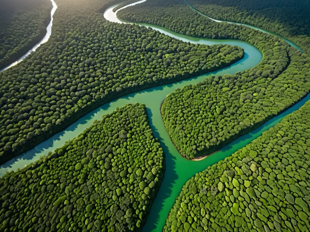 Imagen aérea de ríos y selva densa de una comunidad indígena