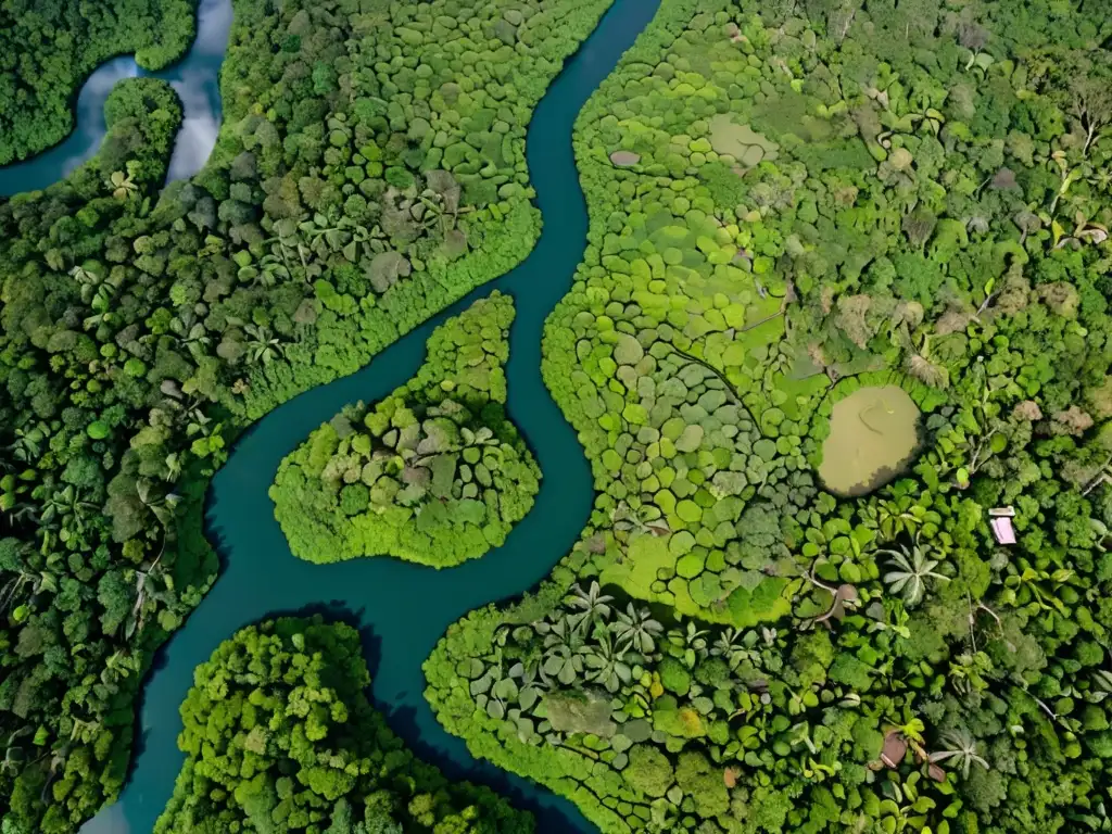 Imagen aérea de selva tropical biodiversa, río serpenteante y territorios indígenas, en riesgo por impacto industrias extractivas derechos territoriales