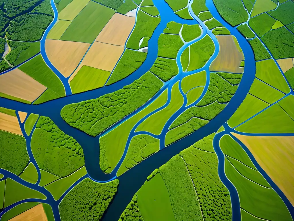 Imagen aérea de un sistema fluvial, con meandros, vegetación y áreas urbanas