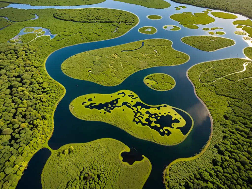 Imagen aérea de un vibrante humedal, hábitat natural de aves y flora diversa