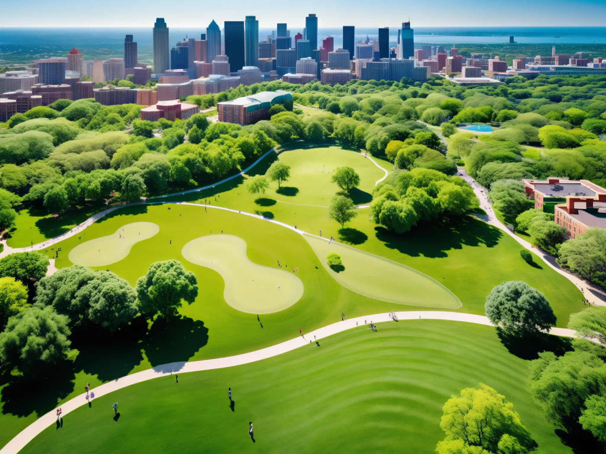 Imagen aérea de un vibrante parque urbano, lleno de vida y áreas verdes, destacando la integración de la naturaleza en el paisaje urbano