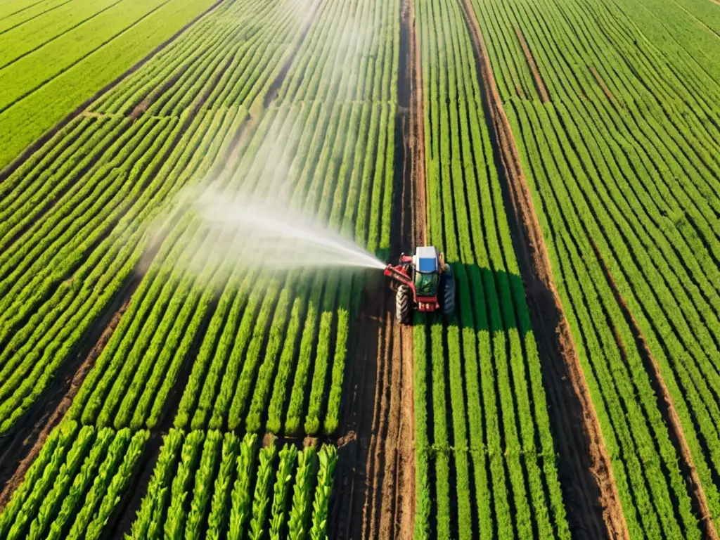 Imagen de agricultor aplicando agroquímicos en campos verdes bajo regulaciones pesticidas fertilizantes impacto legal