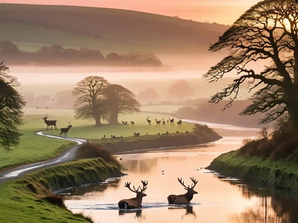 Imagen de un amanecer sereno en el campo inglés, con ciervos majestuosos y un río sinuoso