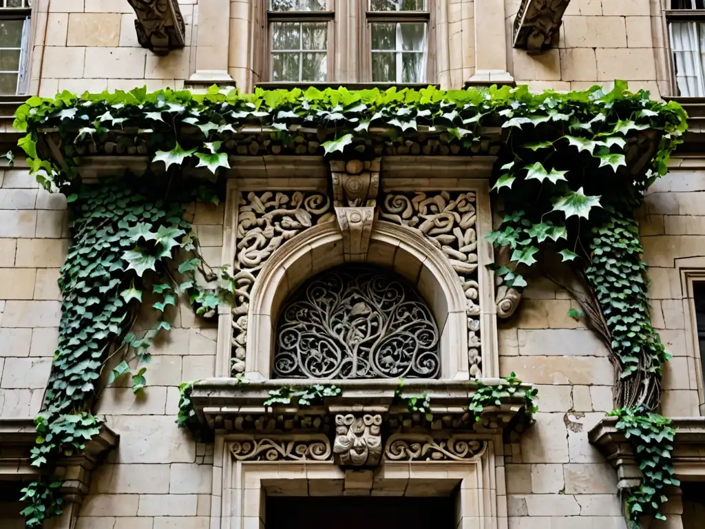 Imagen de un antiguo edificio urbano con detalles arquitectónicos, mostrando piedra erosionada, tallas ornamentadas y enredaderas, transmitiendo la importancia de la preservación del patrimonio histórico natural con luz natural suave