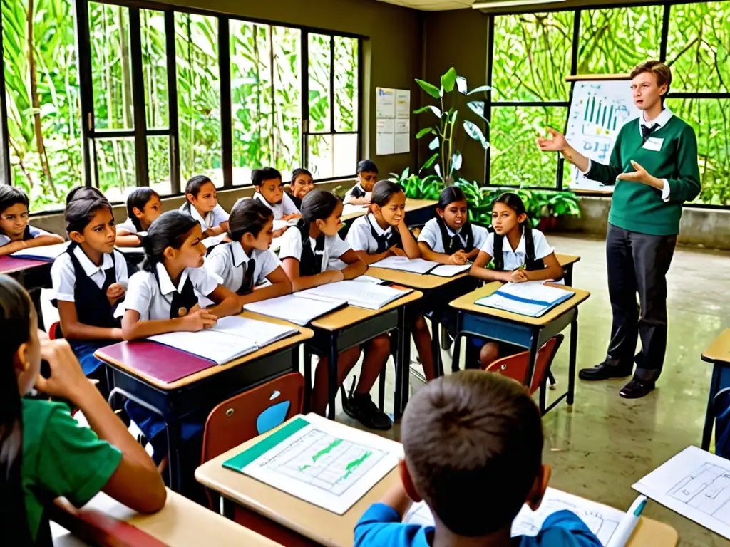 Imagen de aula con estudiantes involucrados en discusión sobre legislación ambiental, enfocando en la influencia de leyes en programas de estudio