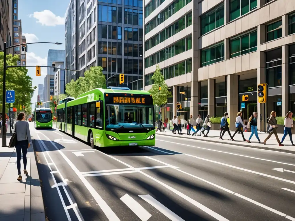 Imagen de autobuses eléctricos en una bulliciosa calle urbana, muestra la integración de transporte público ecológico dentro de la ciudad