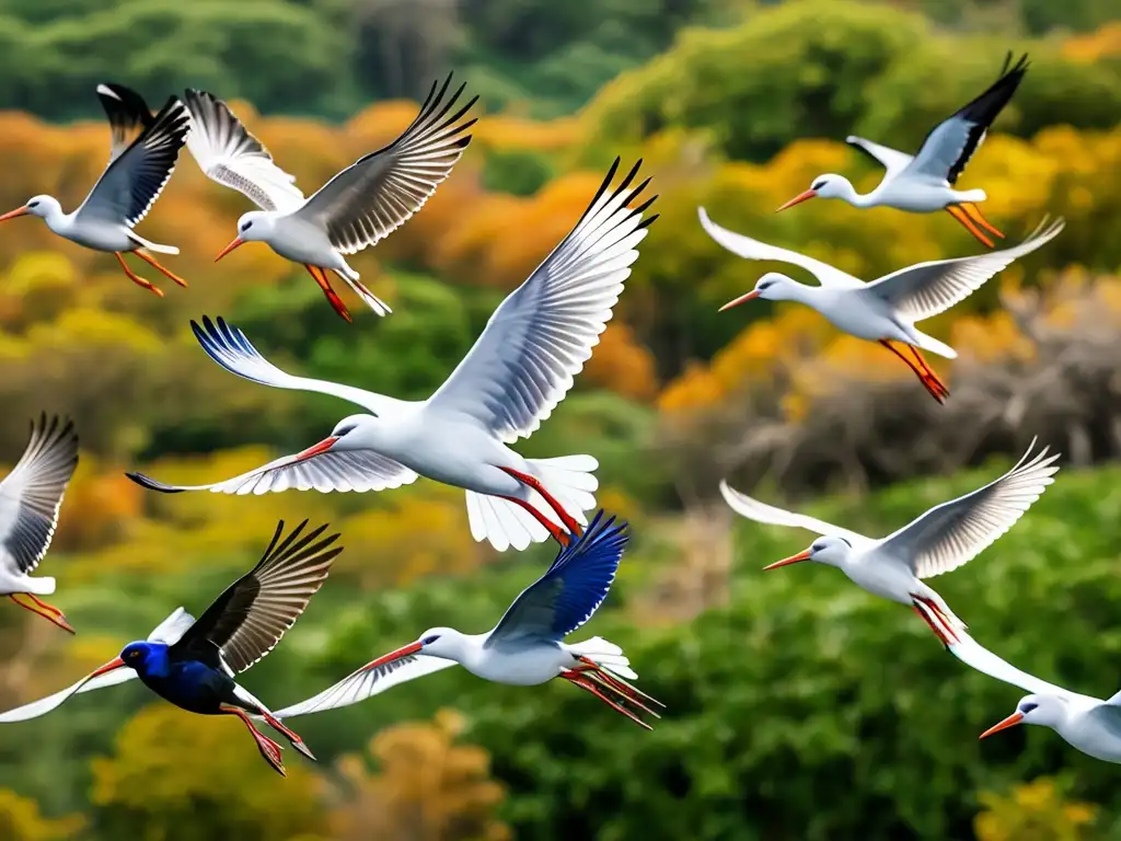 Imagen de aves migratorias en vuelo sobre un paisaje exuberante, destacando la efectividad de acuerdos internacionales de conservación de especies migratorias