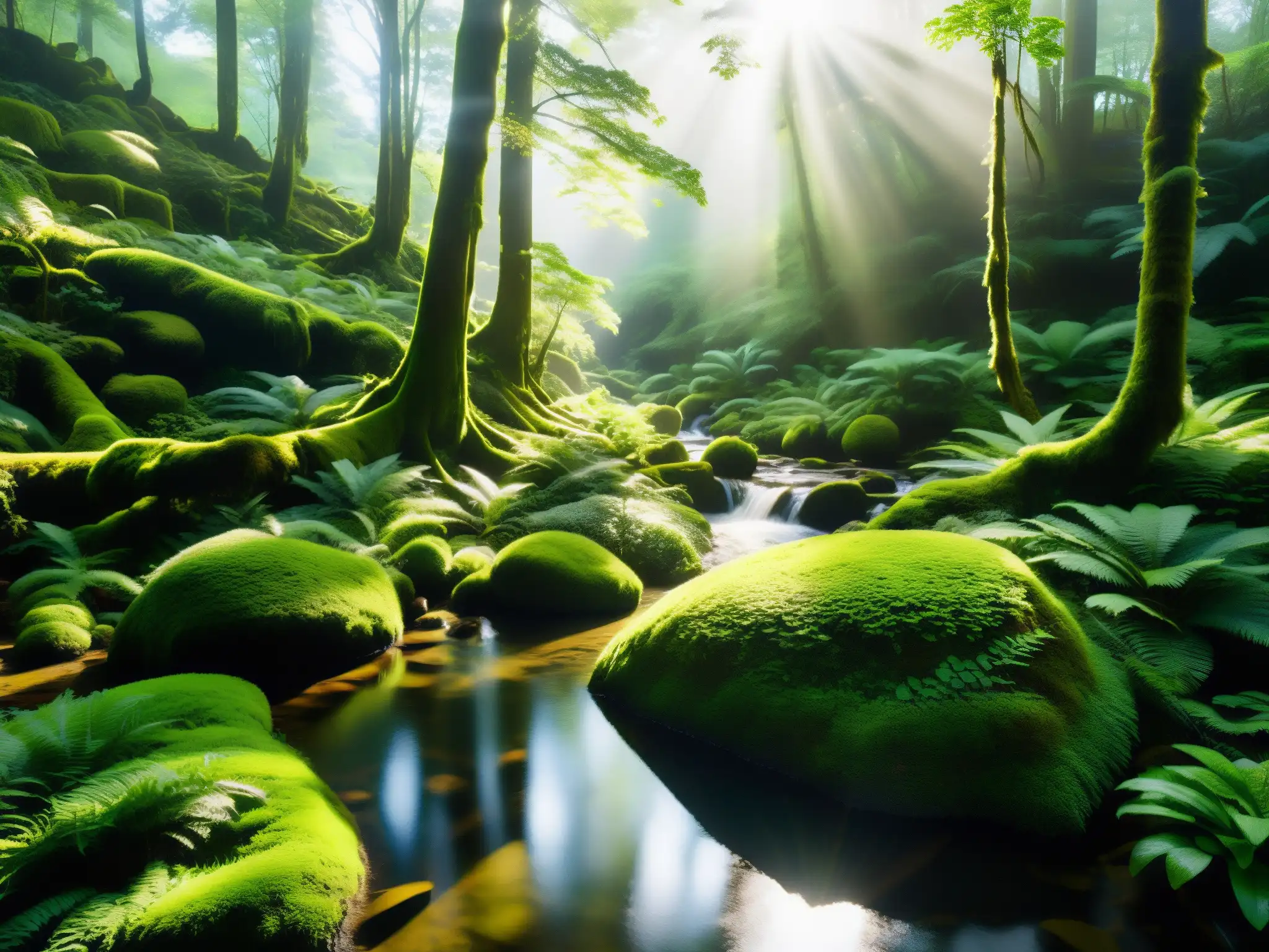 Imagen de un bosque exuberante con luz solar filtrándose entre los árboles