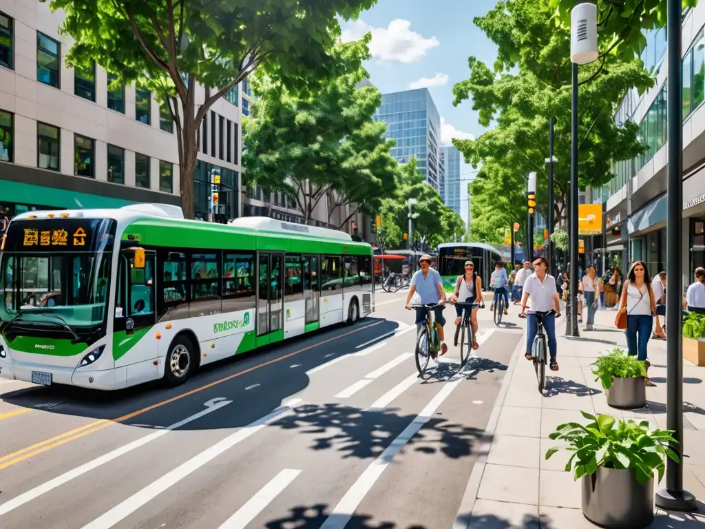 Imagen de una bulliciosa calle de la ciudad con autobuses eléctricos y bicicletas, rodeada de vegetación y edificios modernos y eficientes en energía