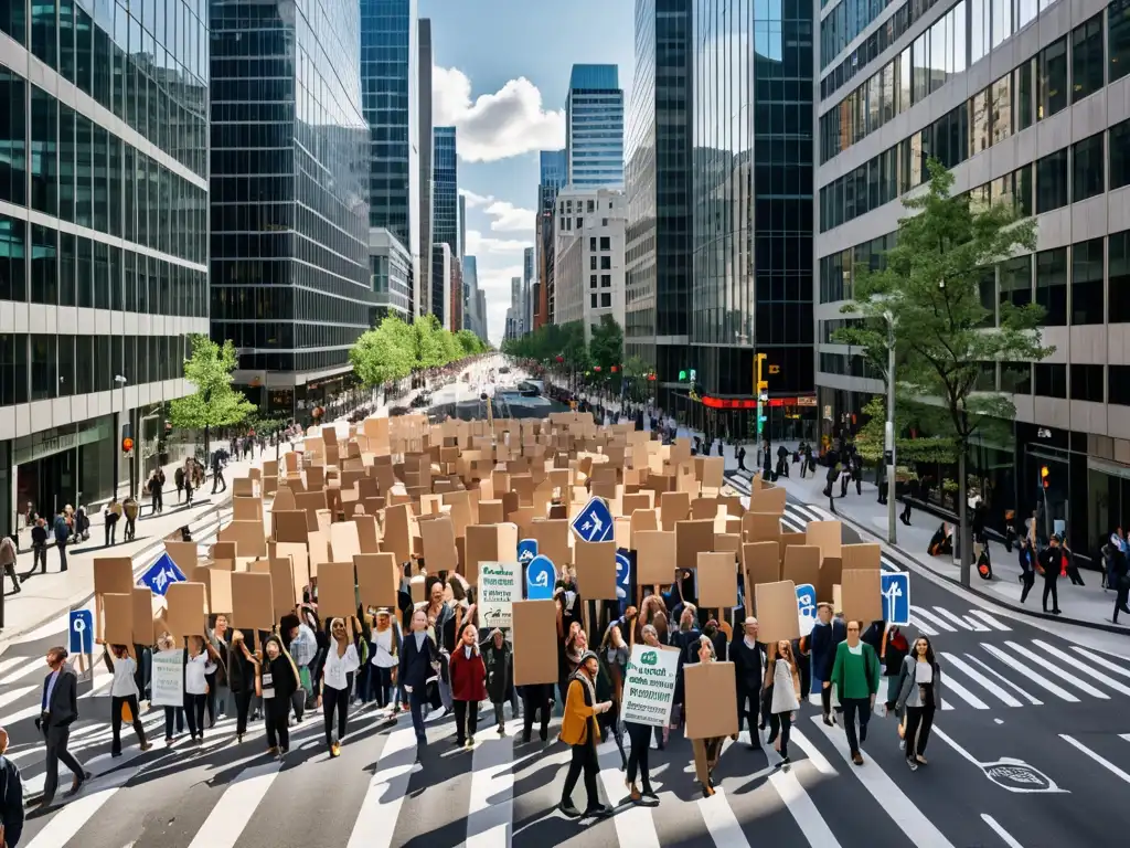 Una imagen 8k de una bulliciosa calle urbana con manifestantes en una protesta por la ética corporativa y la gestión sostenible del medio ambiente