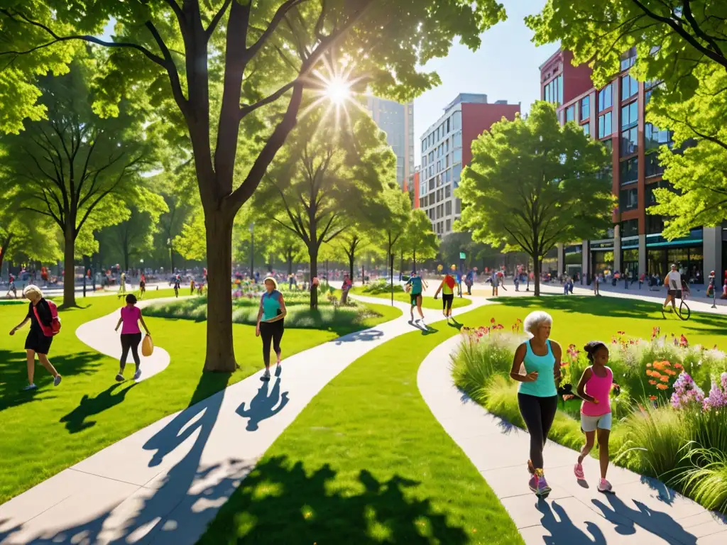 Imagen de un bullicioso parque urbano con diversa vegetación y personas disfrutando de actividades recreativas