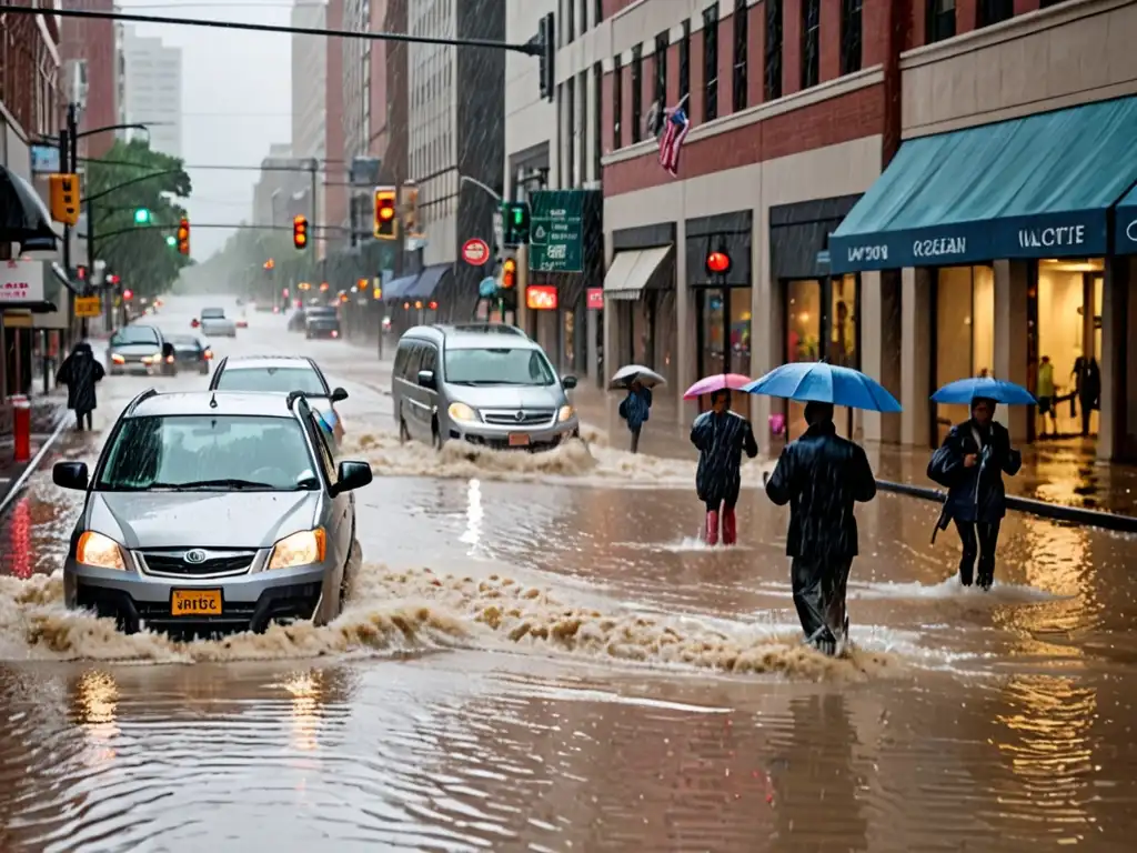 Imagen de una ciudad bulliciosa bajo una fuerte tormenta, con personas y autos enfrentando calles inundadas