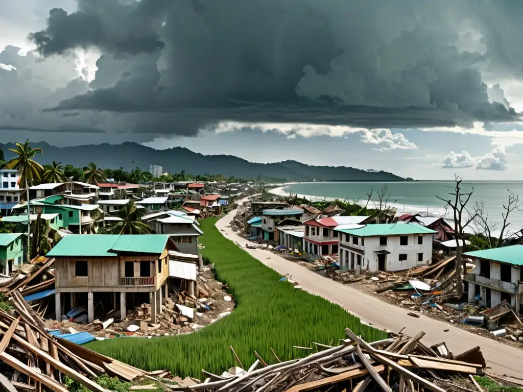 La imagen muestra una ciudad costera afectada por un desastre natural, con esfuerzos de reconstrucción y financiamiento verde en acción, simbolizando esperanza y resiliencia