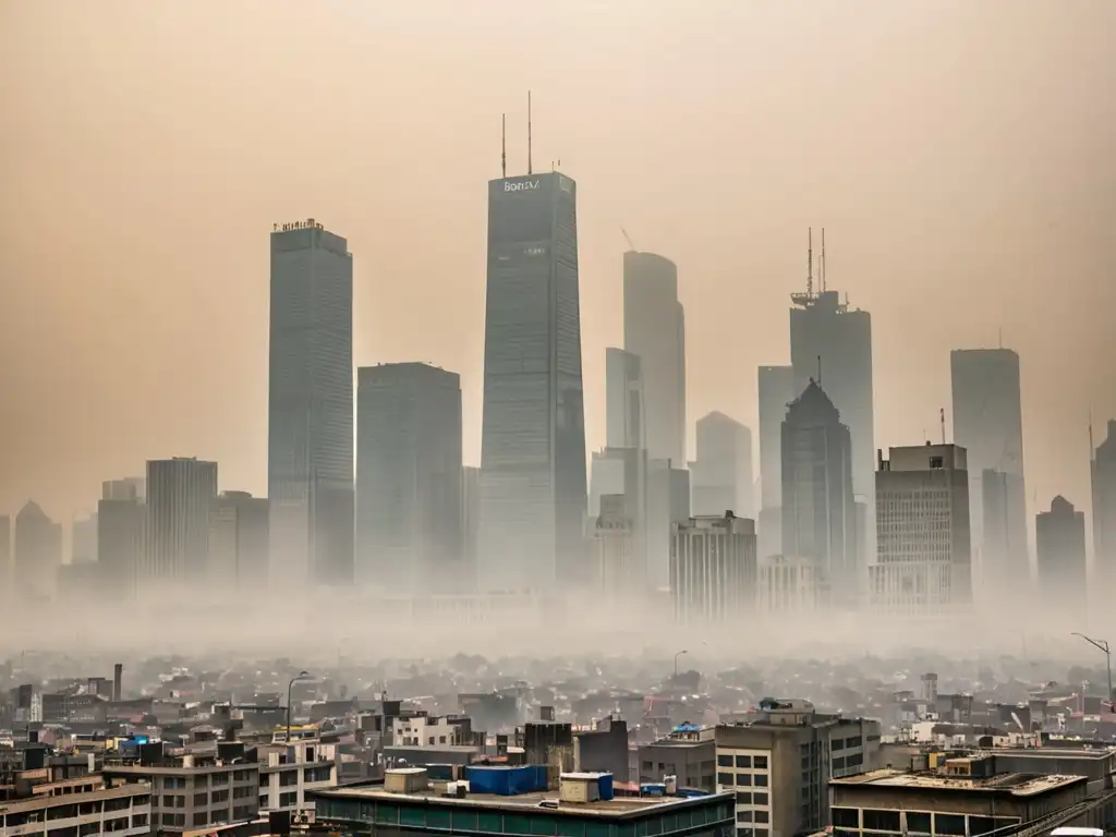 La imagen muestra una ciudad envuelta en smog con la palabra clave 'Inversión en salud aire limpio'