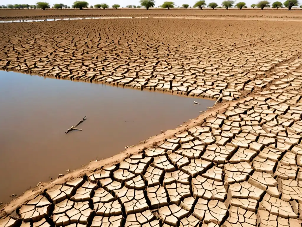 Imagen desoladora de tierras agrícolas resecas, con cultivos marchitos y un agricultor solitario, ilustrando la gestión hídrica en tiempos de sequía