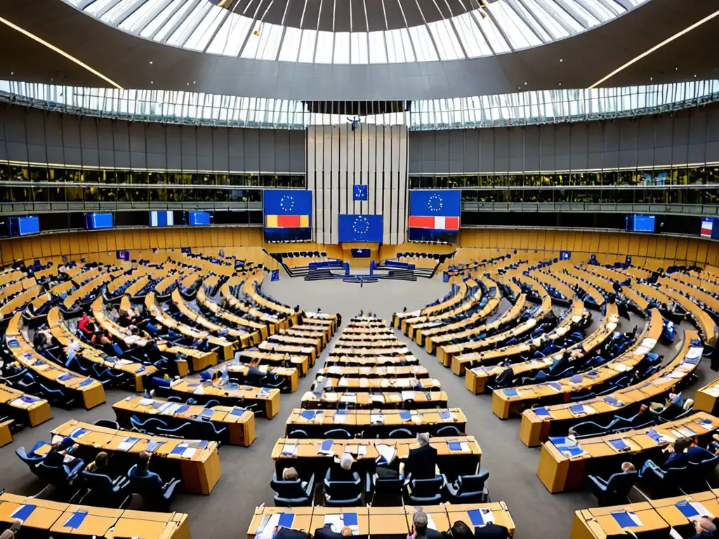 Imagen detallada del Parlamento Europeo en Bruselas, destacando su grandiosidad y la actividad que lo rodea