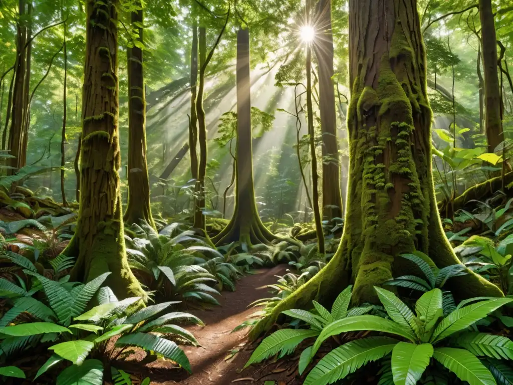 Imagen detallada de un exuberante bosque, con variedad de flora y fauna