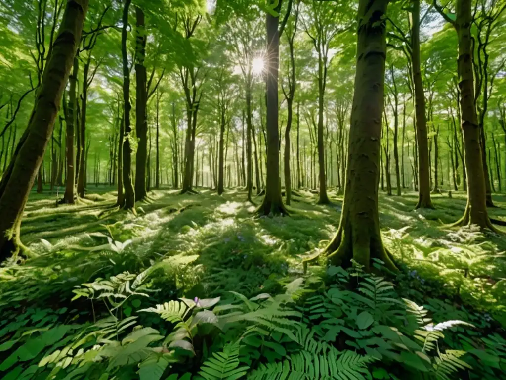 Imagen 8k detallada de un exuberante bosque europeo, con árboles majestuosos y vegetación vibrante