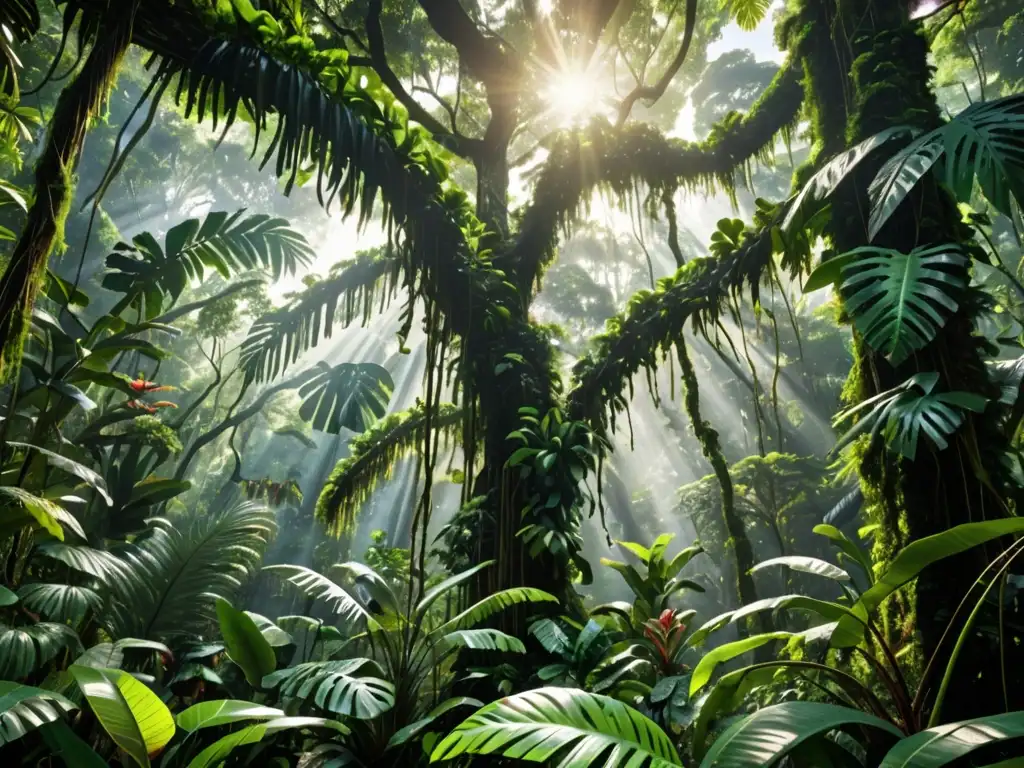 Imagen detallada de un exuberante dosel de selva lluviosa, con diversidad de especies vegetales