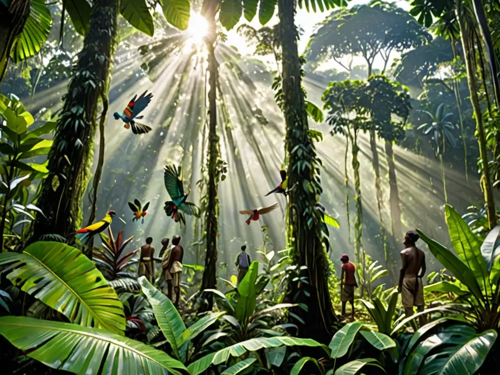 Una imagen detallada de la exuberante selva amazónica, con árboles gigantes, follaje verde vibrante y rayos de sol filtrándose