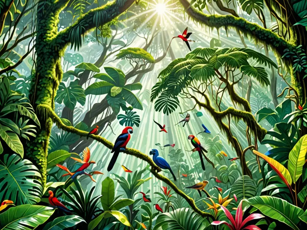 Imagen detallada de la exuberante selva tropical con diversa fauna y flora, mostrando la rica biodiversidad