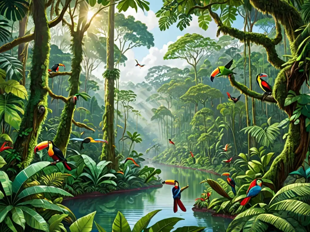 Imagen detallada de exuberante selva tropical con diversa flora y fauna