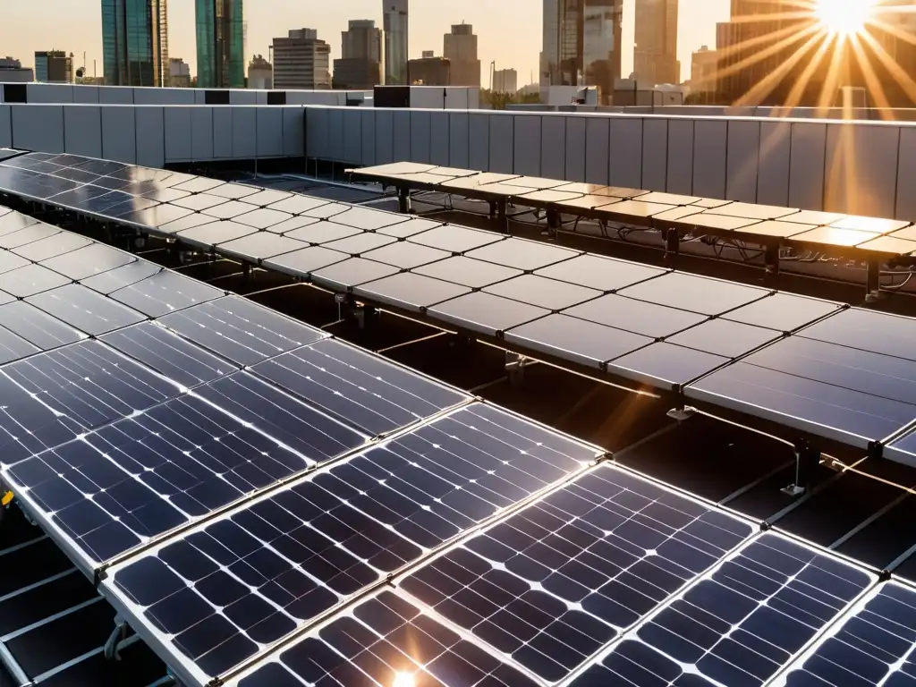 Una imagen detallada de paneles solares en un tejado urbano, bañados por la luz del sol