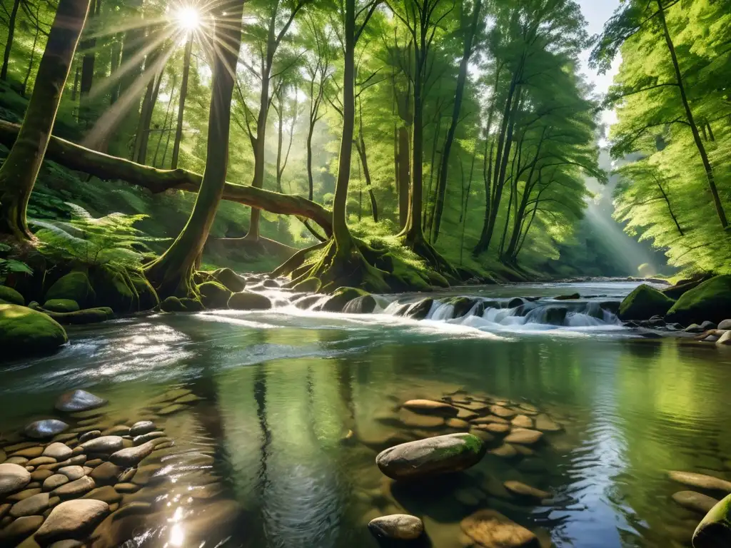 Imagen 8k detallada de un río sereno entre un bosque verde, con reflejos de luz en el agua