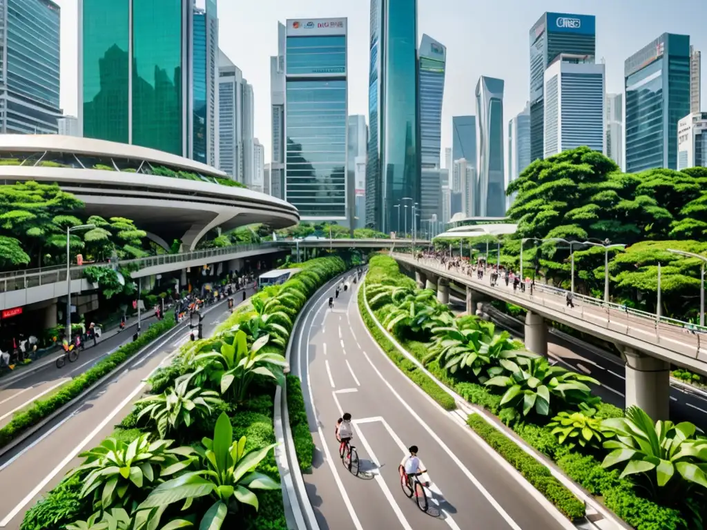 La imagen muestra el dinámico skyline de una ciudad asiática, con modernos rascacielos y vegetación exuberante