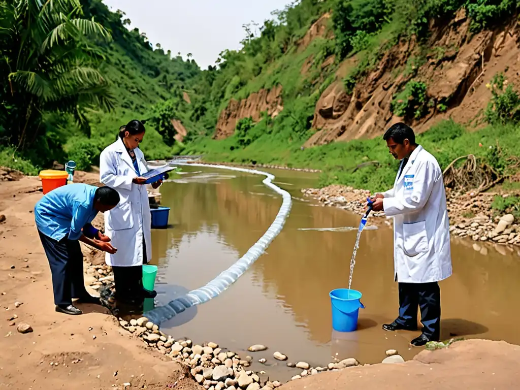 Imagen documental de científicos y funcionarios trabajando juntos para garantizar la calidad del agua en una región fronteriza