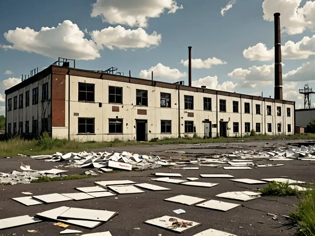 Imagen documental de un edificio industrial en ruinas con señales visibles de contaminación por asbesto