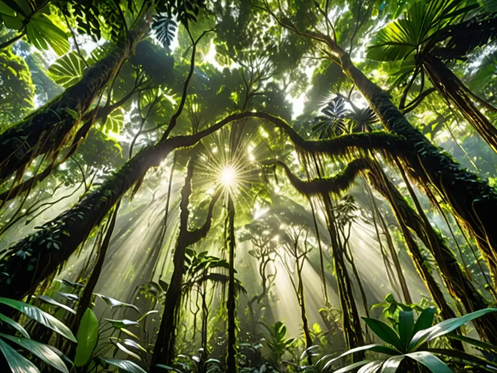 Imagen documental de un exuberante dosel de selva tropical, con árboles altos entrelazados con lianas y follaje diverso