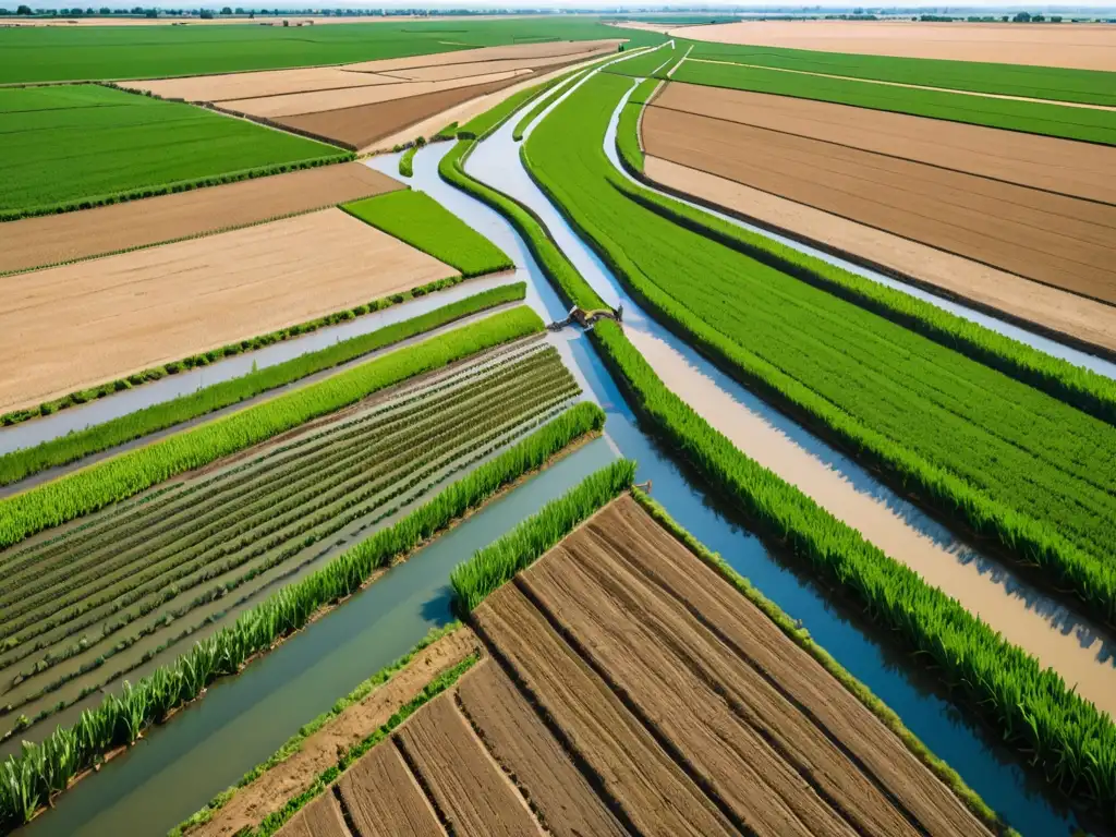 Imagen documental de paisaje agrícola rural con campos verdes irrigados por canales