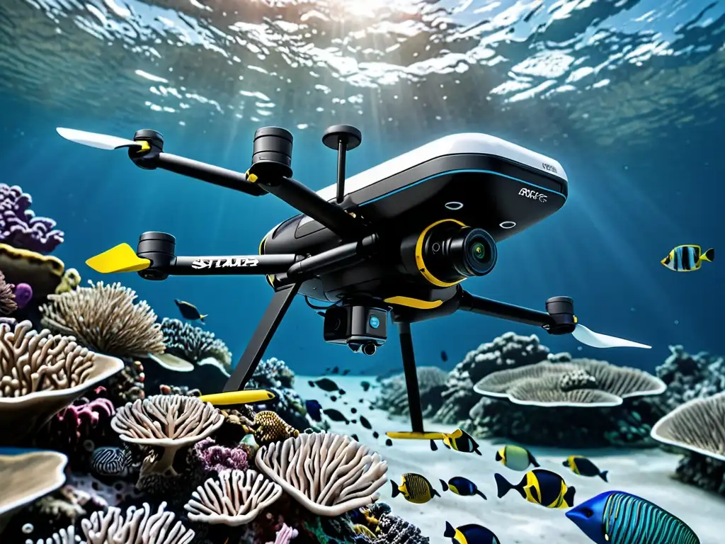 Imagen de dron submarino de última generación capturando escena vibrante de vida marina y formaciones de coral