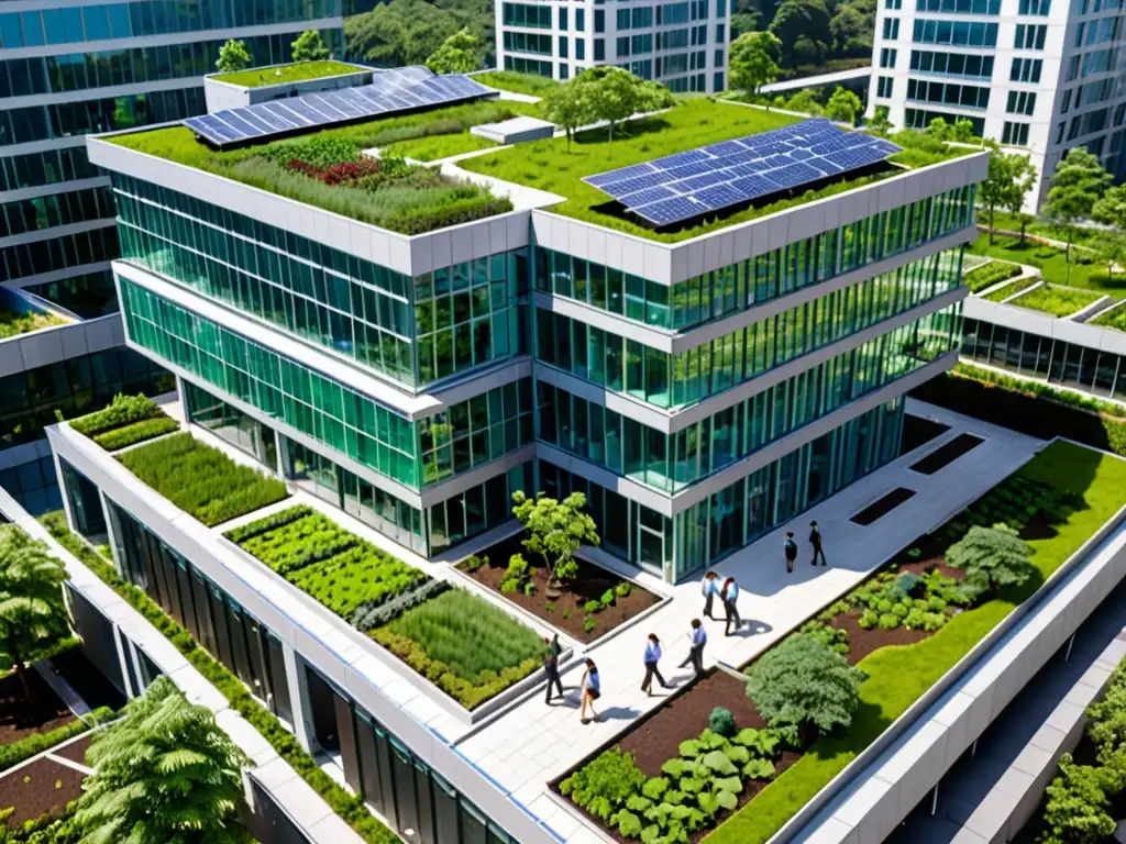 Imagen de edificio corporativo con jardín en la azotea, paneles solares y sistema de recolección de agua