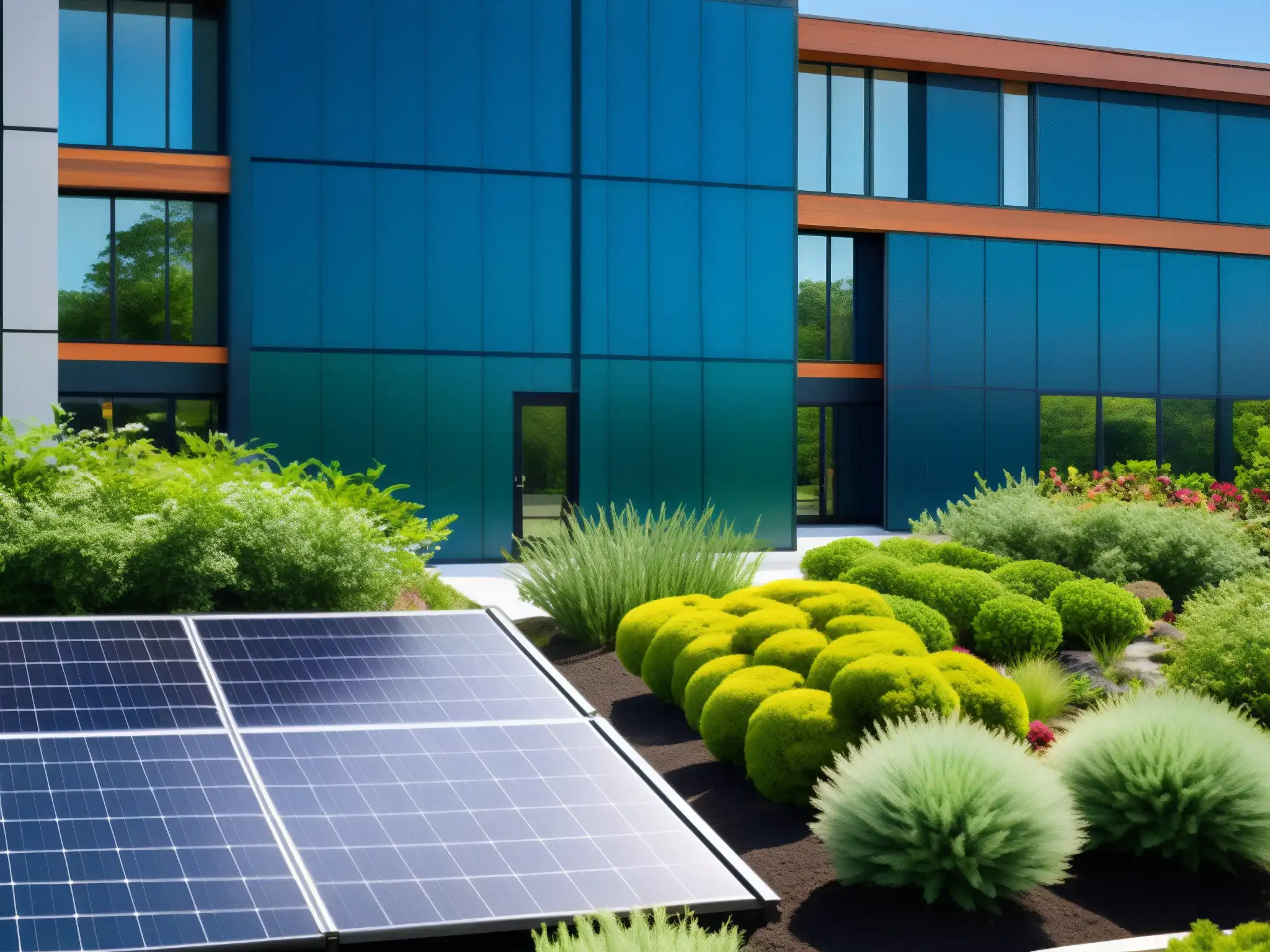 Imagen de edificio corporativo con jardín en la azotea, plantas nativas y paneles solares