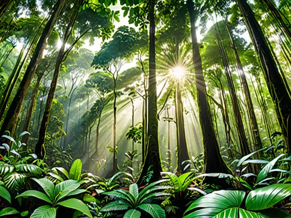 Imagen de un exuberante y biodiverso bosque lluvioso, con árboles altos y follaje verde vibrante en todas direcciones