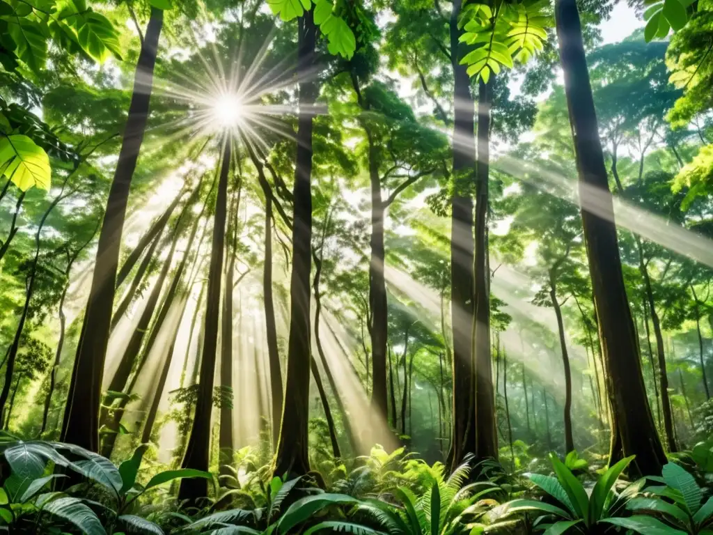 Imagen de un exuberante bosque biodiverso con luz solar entre el dosel, resaltando la importancia de la protección legal para las generaciones futuras y el verde ambiente natural